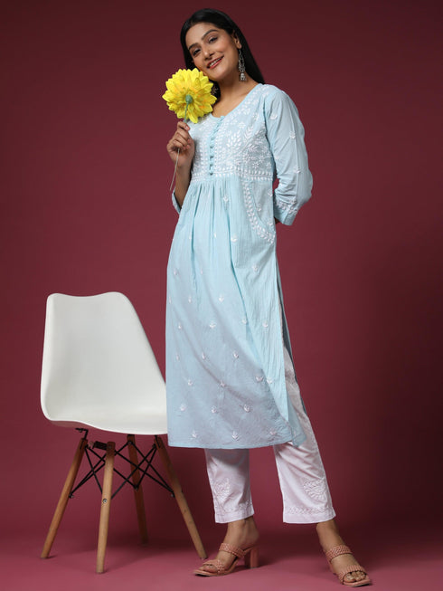 Chikankari Hand embroidery Round neck Dress with Pocket- Sky Blue